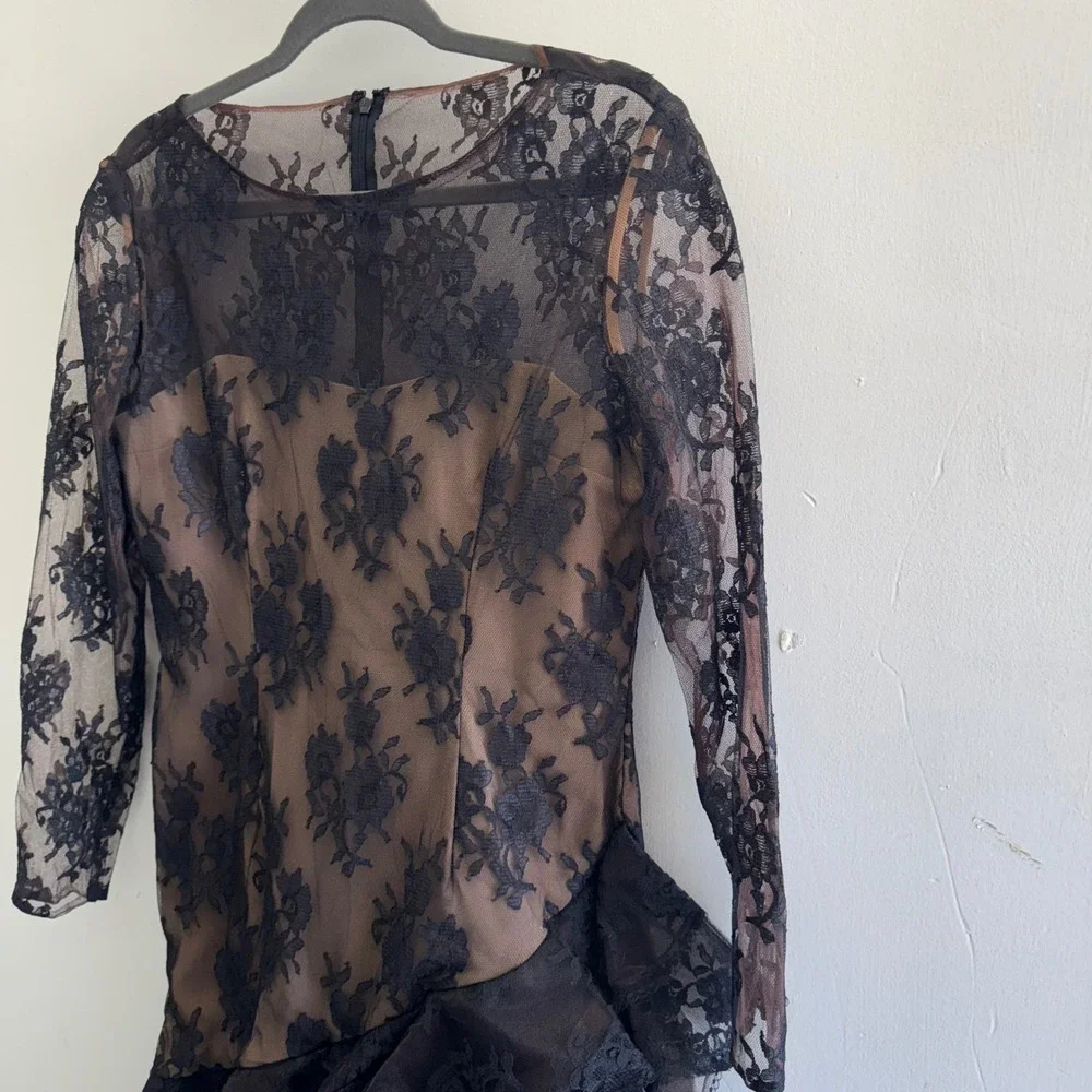 Victor Costa Black Lace Long Sleeve Tiered Mini Dress over Nude Slip - Picture 14 of 14